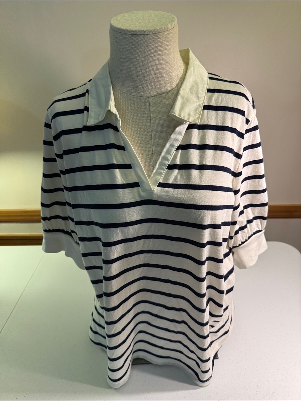 Talbots Off-White Polo-Style Short Sleeve Top with Black Stripes